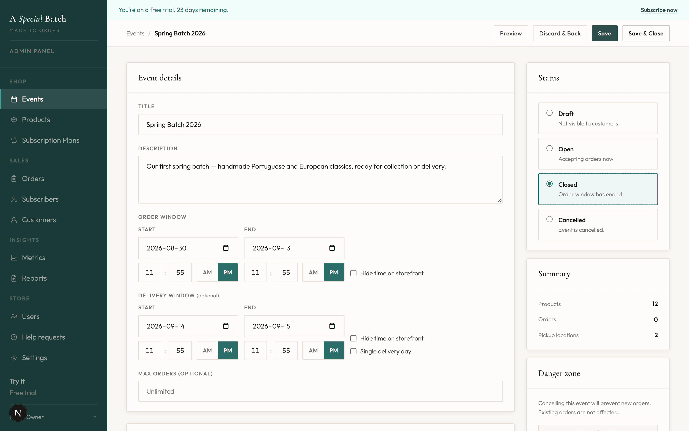 A Special Batch order window setup showing start date, end date, delivery window, and product quantity limits.