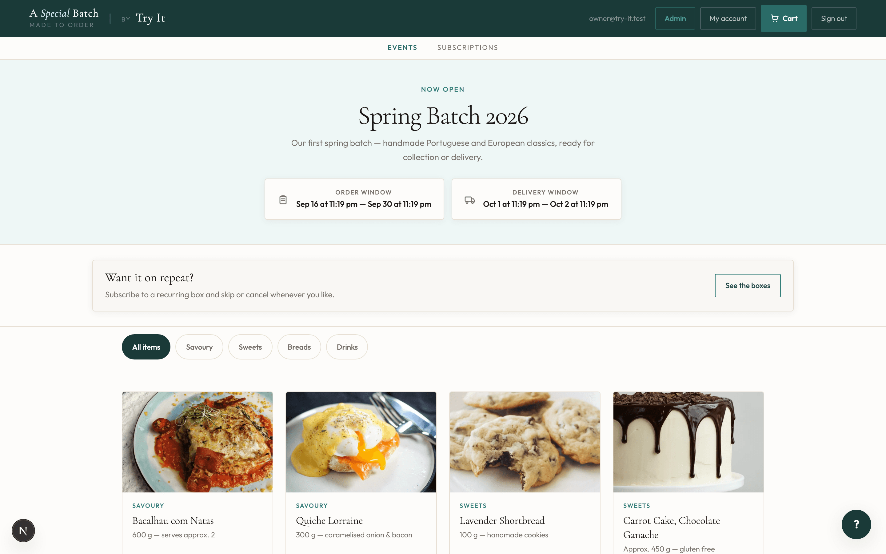 A Special Batch customer storefront showing a weekly bread box with its price, contents, first delivery date, and an order button.